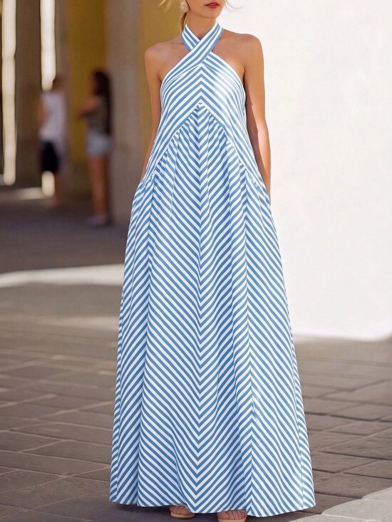 Dresses & Skirts - Blue Boho French Vacation Women's Loose Flowy Striped Halter Long Dress